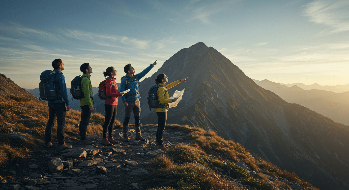Team of business leaders standing on a mountain plateau, strategizing how to break through the next growth summit